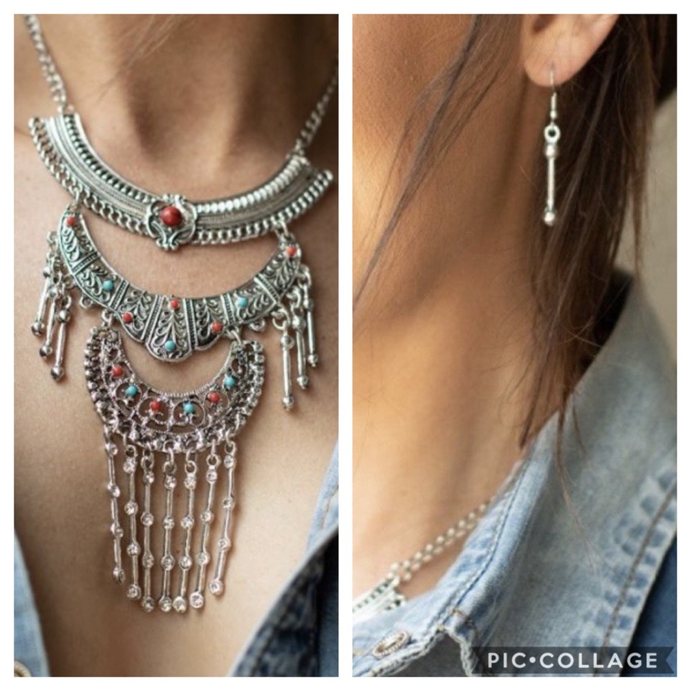 Silver Necklace & 3-Tier Earring Set